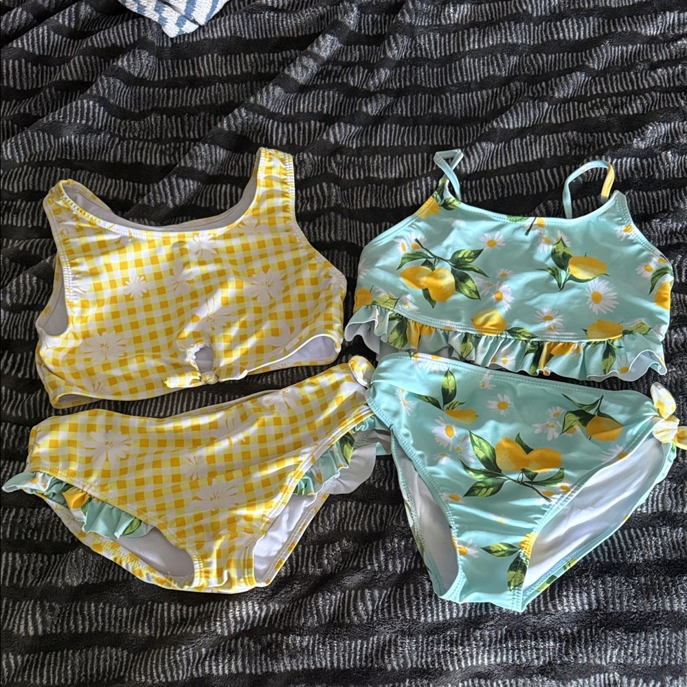 Kids Lemon Print and Yellow Gingham Bikini Set